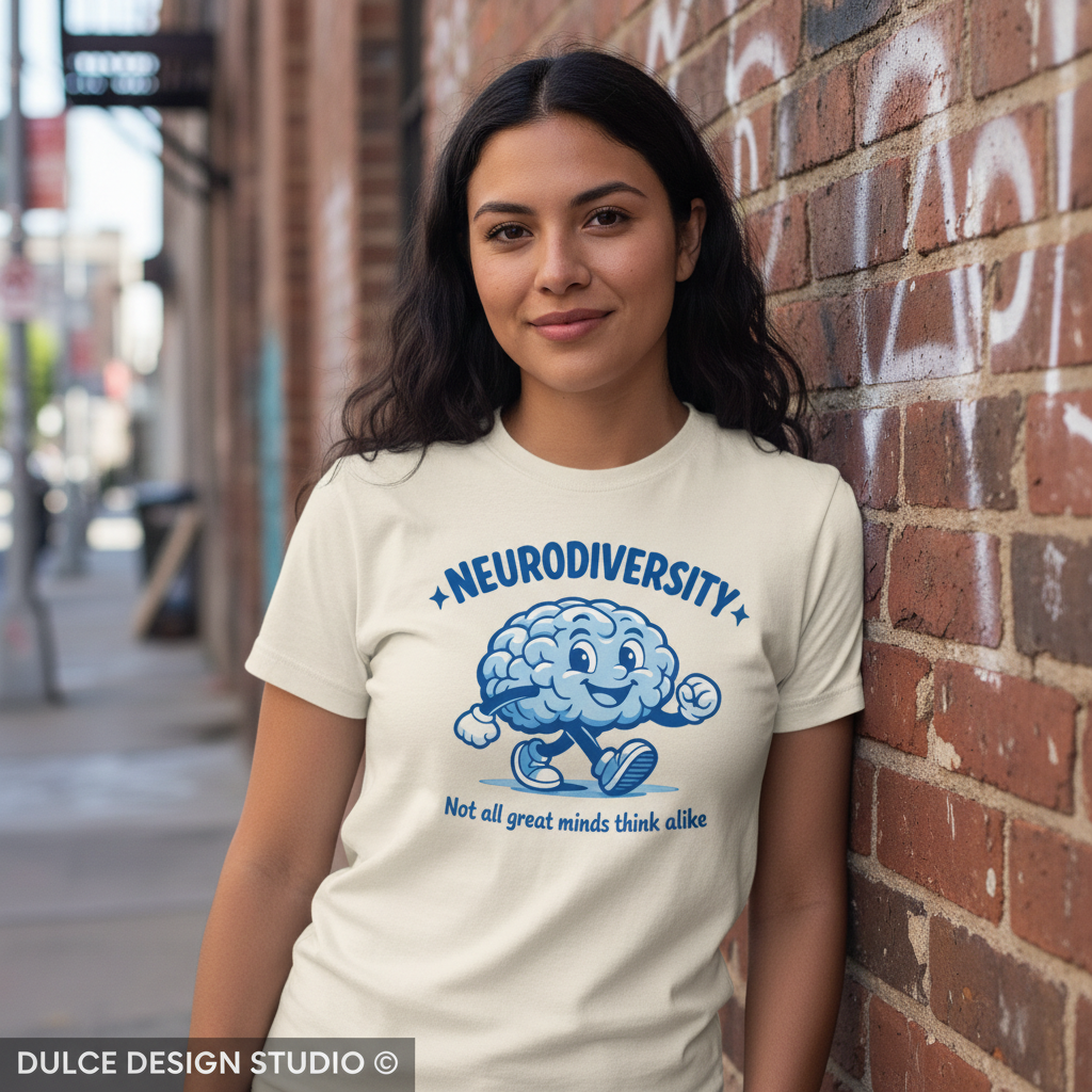 Latina Woman wearing Soft Cream Neurodiversity Tee
