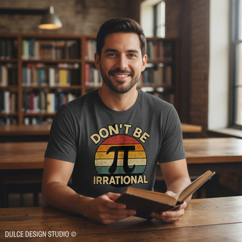 Latino man wearing dark grey heather t-shirt with Don't Be Irrational Pi design