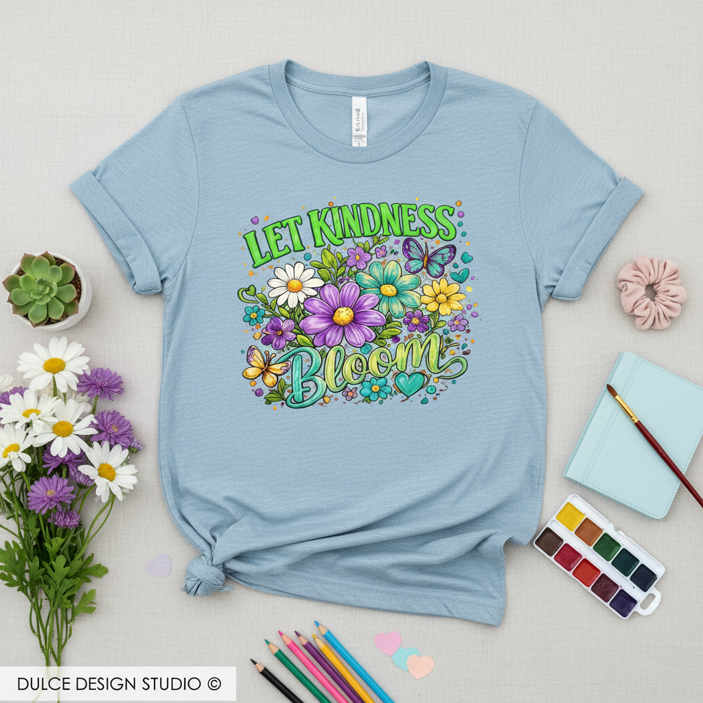 Light blue t-shirt with 'Let Kindness Bloom' design on a light gray background with decorative items.