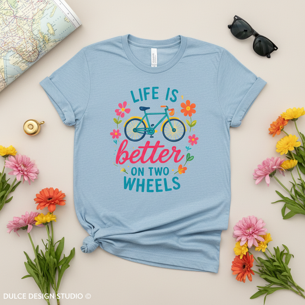 Life Is Better On Two Wheels – Heather Ice Blue Flat Lay