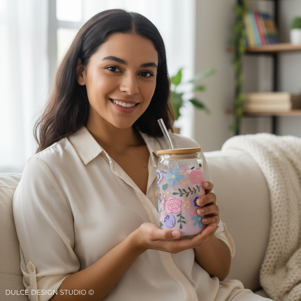 Woman holding a decorated glass jar with a straw in a cozy living room.