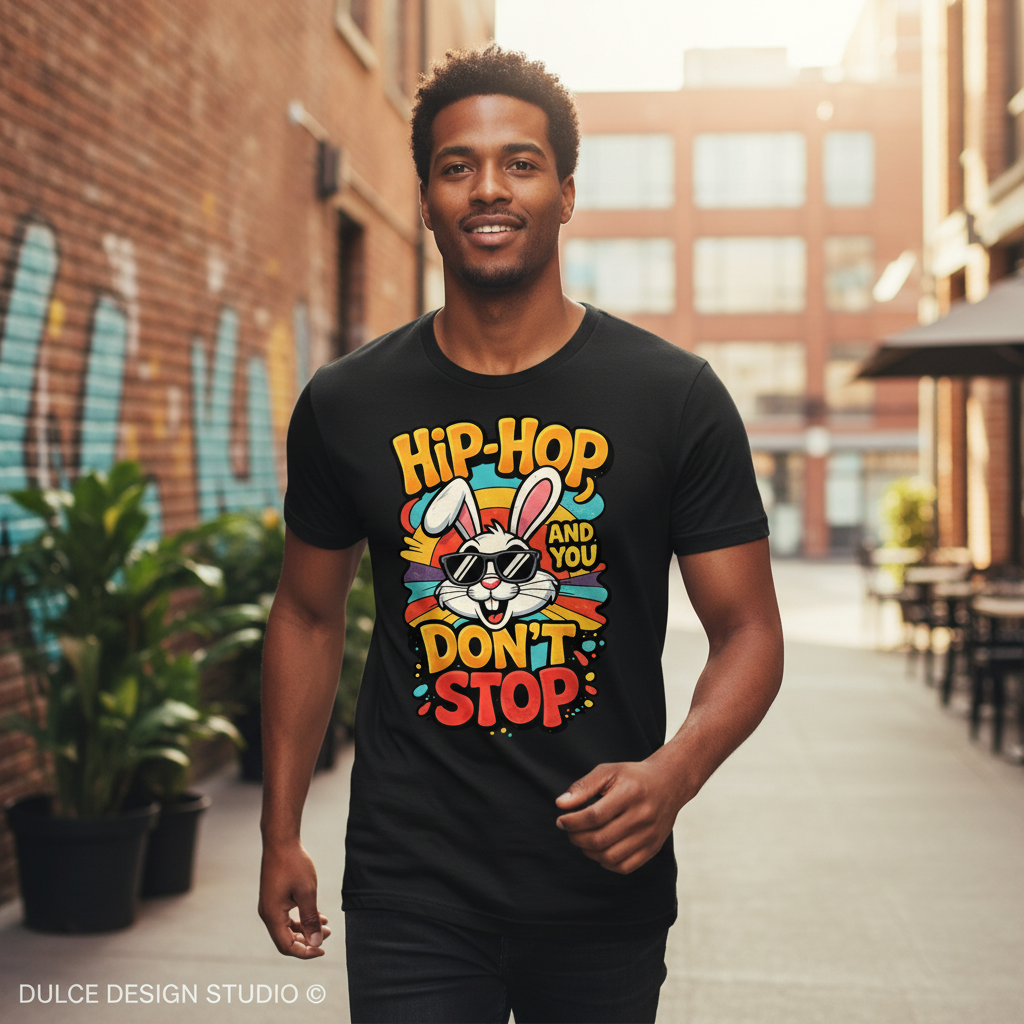 Man wearing a black t-shirt with colorful graphic and text, standing outdoors.