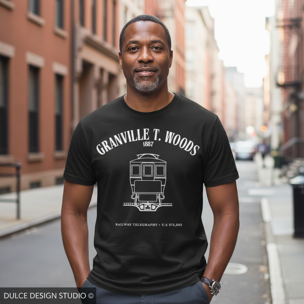 Light-Skinned Black Man Mid-40s wearing Black Granville T. Woods Tee