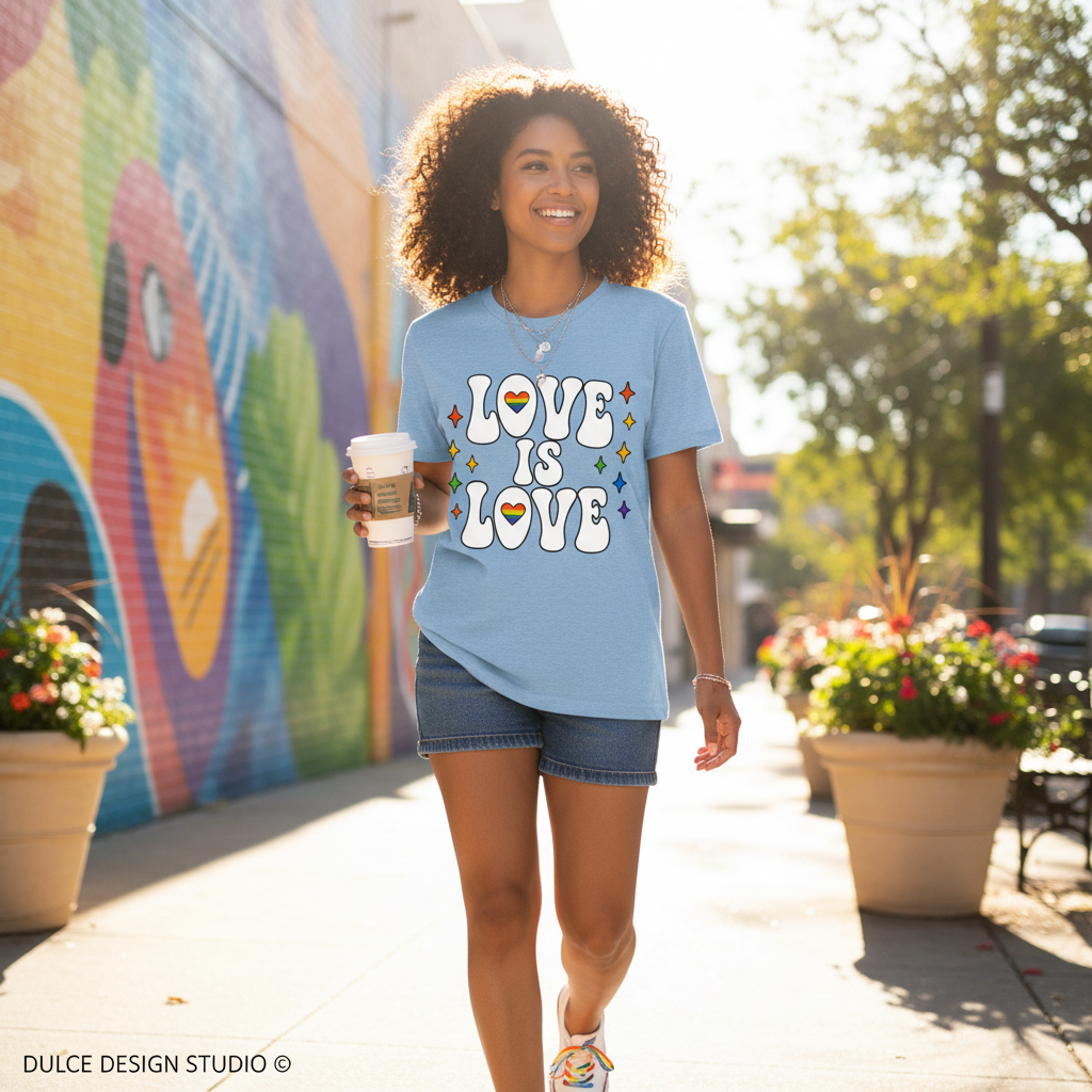 Woman wearing a 'LOVE IS LOVE' t-shirt walking on a sidewalk with a colorful mural in the background.
