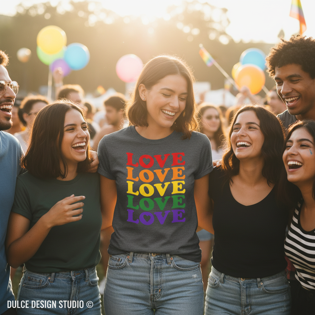 LOVE Stacked Rainbow - Asphalt Tee Pride Lifestyle Mockup