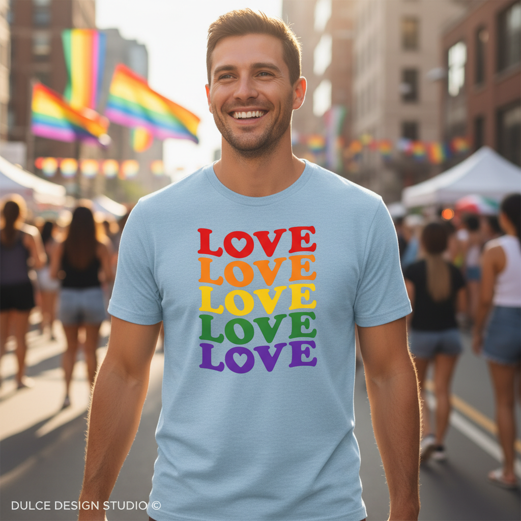LOVE Stacked Rainbow - Heather Ice Blue Men's Lifestyle Mockup