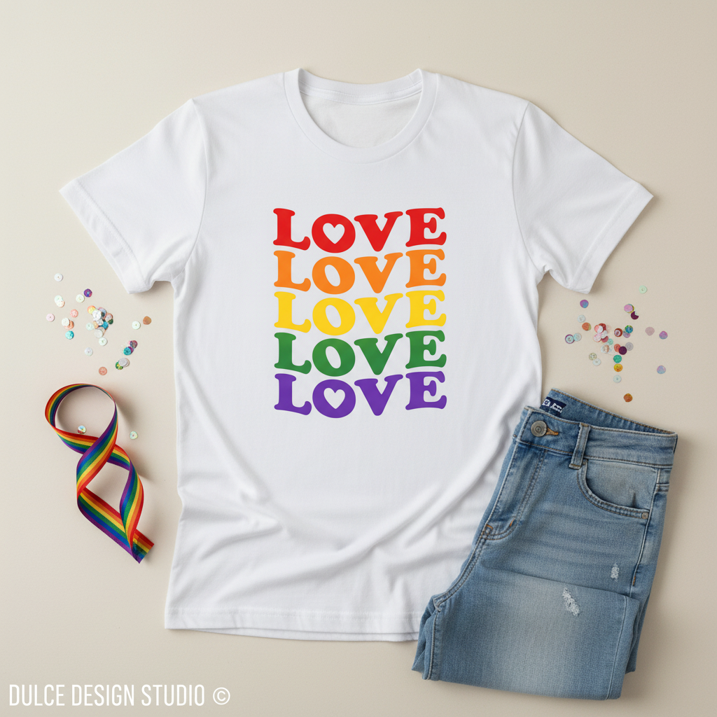 LOVE Stacked Rainbow - White Tee Flat Lay