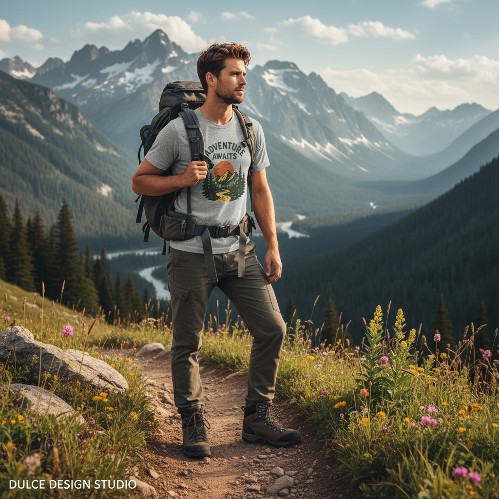 Male model wearing Adventure Awaits Tee - square format