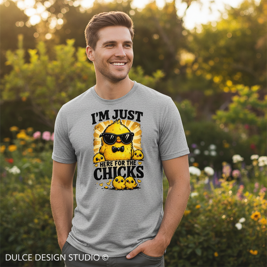 Man wearing a t-shirt with a cartoon character and text in a garden setting