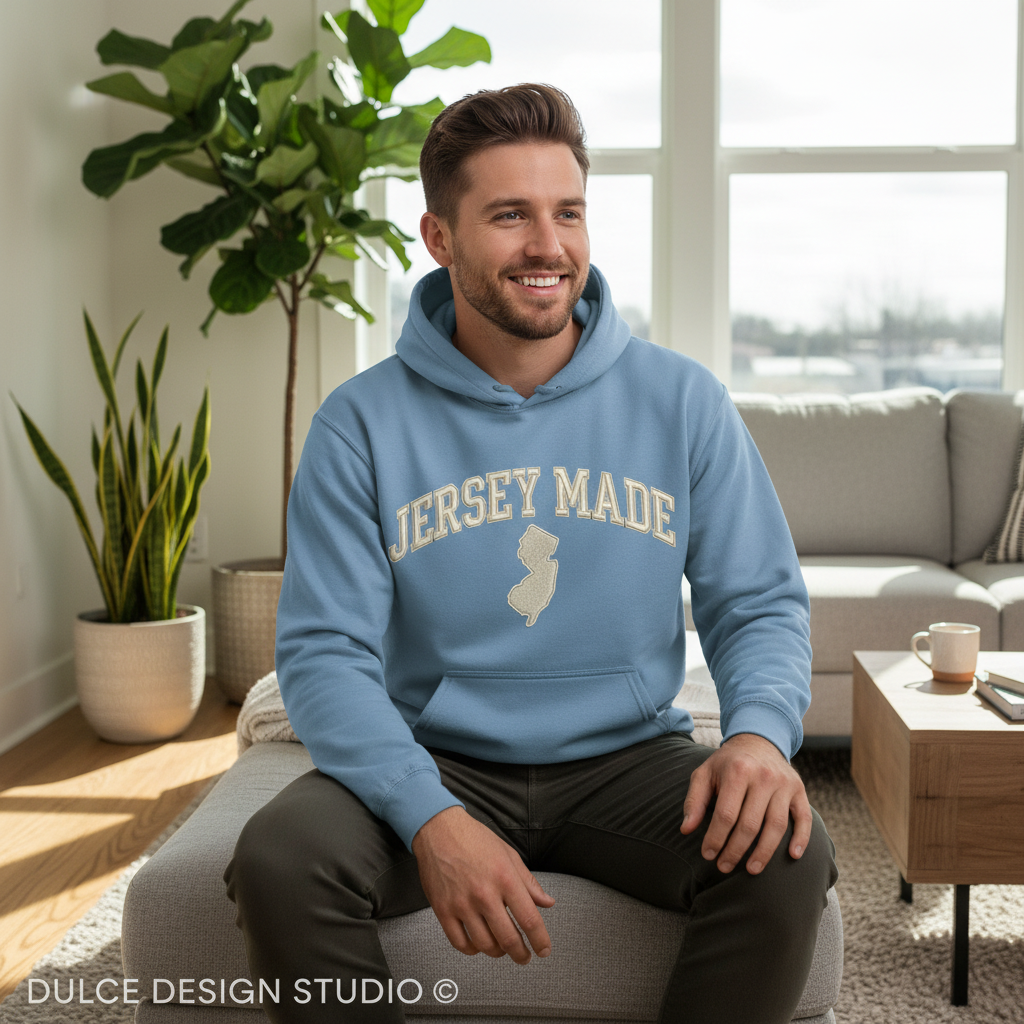 Man wearing a blue 'Jersey Made' hoodie sitting in a living room.