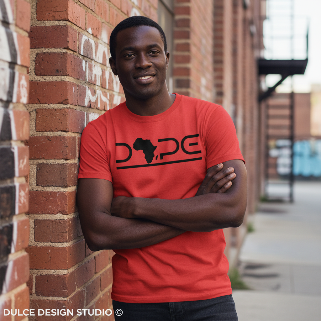 Man wearing a red 'Dope' t-shirt leaning against a brick wall.
