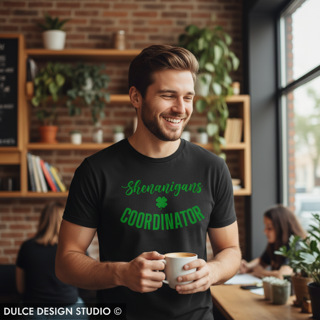 Man wearing black t-shirt with Shenanigans Coordinator design
