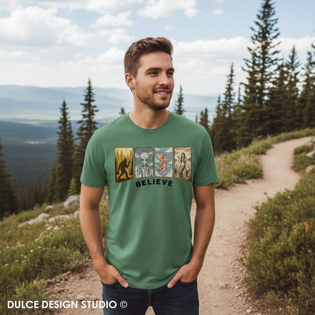 Man wearing Heather Forest Believe Tee