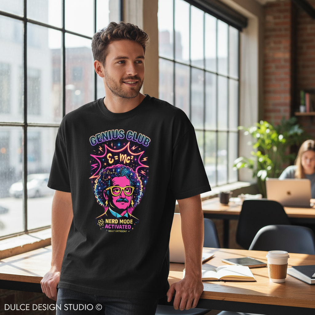 Man wearing oversized black Comfort Colors t-shirt with Genius Club design