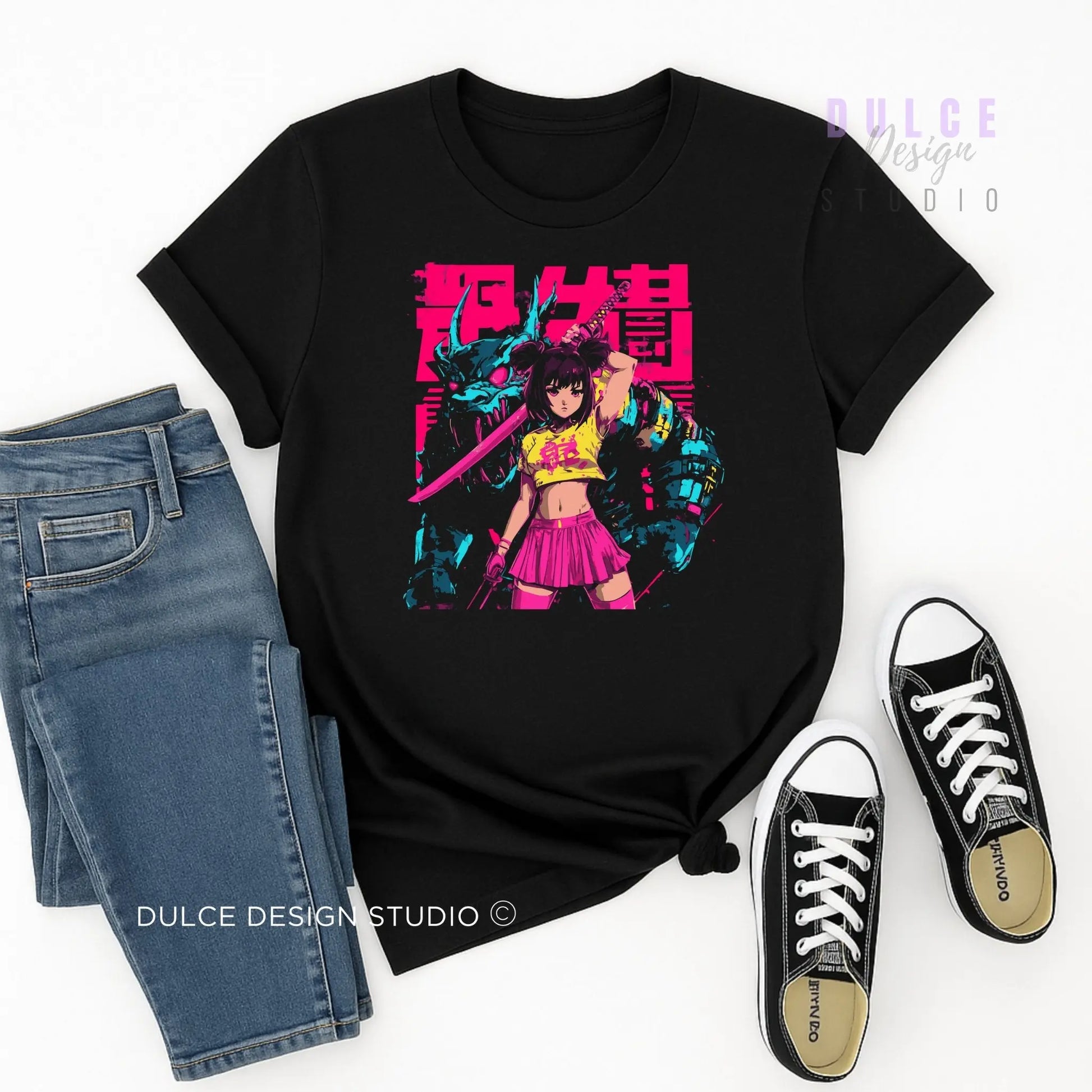 Mecha Muse – Neon Anime Girl Tee - Dulce Design Studio