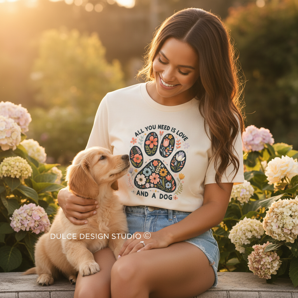 Model wearing All You Need Is Love and a Dog tee
