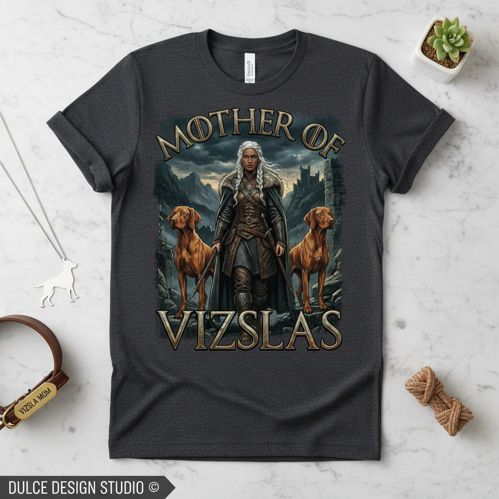 dark gray heather tee with a graphic design of a person with two dogs and text 'Mother of Vizslas' on a light gray surface.