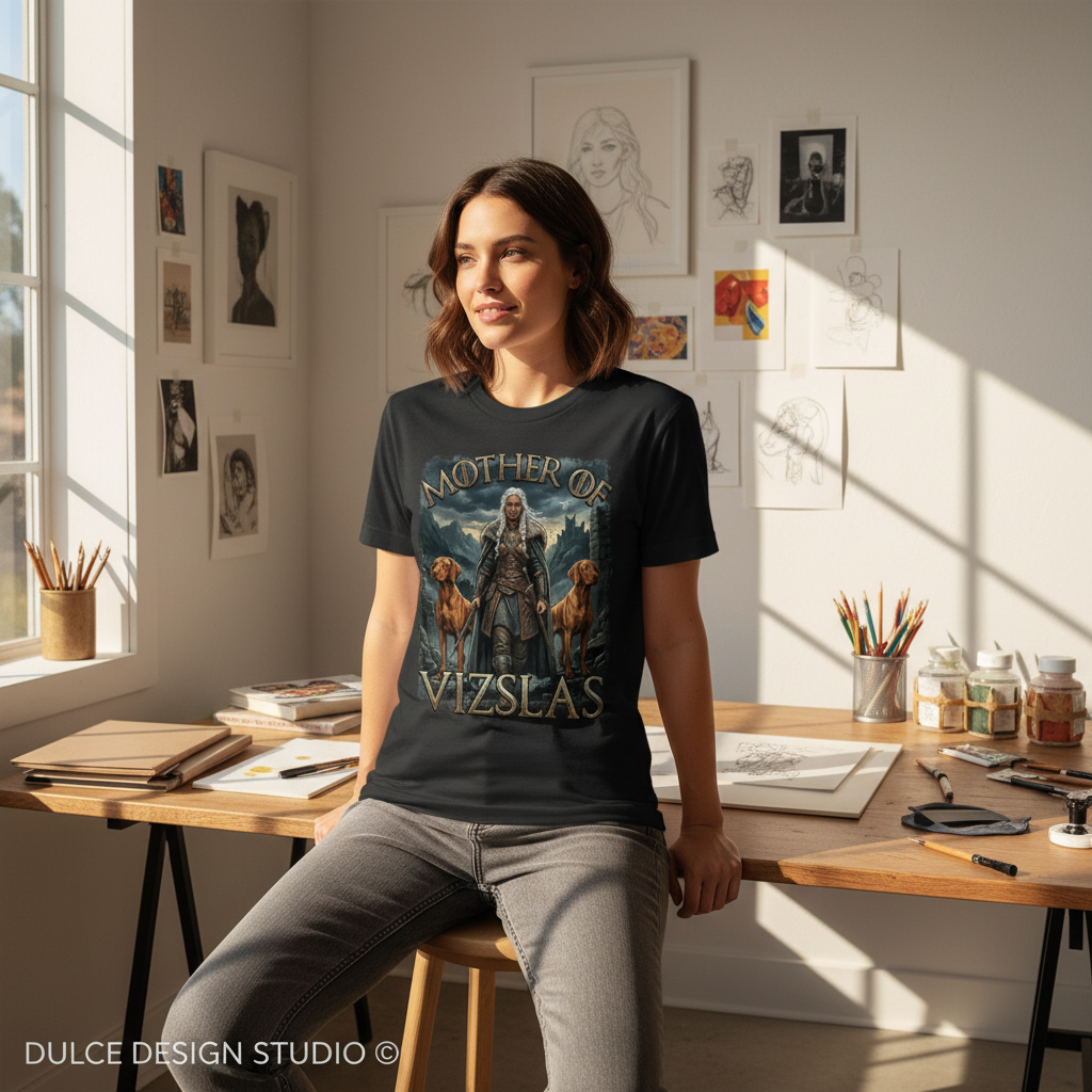 Woman wearing a t-shirt with a fantasy design in a bright room with artwork on the wall.
