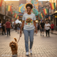Woman walking a dog on a street with colorful flags in the background