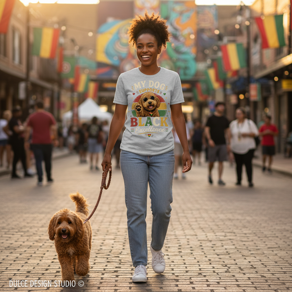 Woman walking a dog on a street with colorful flags in the background
