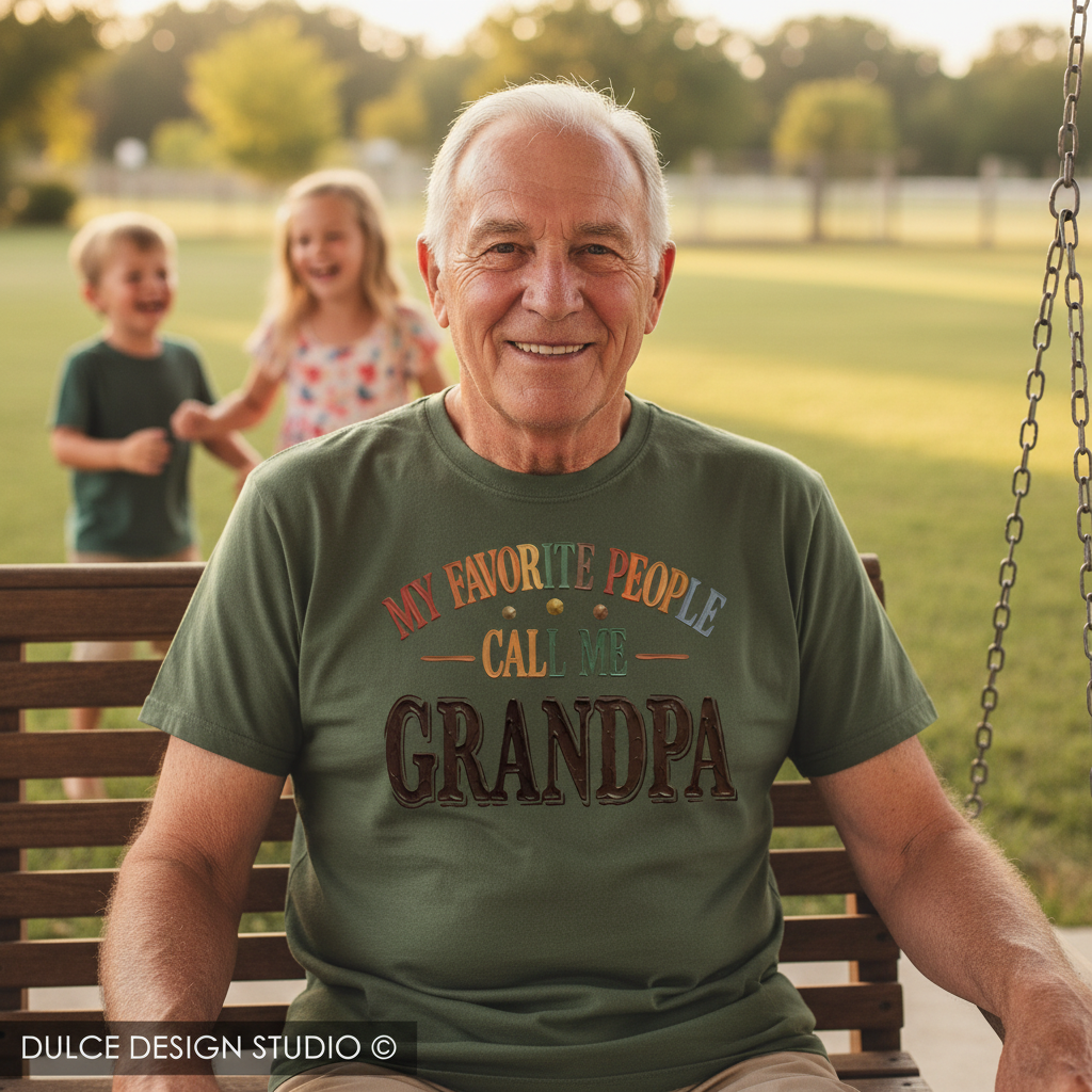 Man wearing a t-shirt with 'My favorite people call me grandpa' sitting on a swing with children in the background.