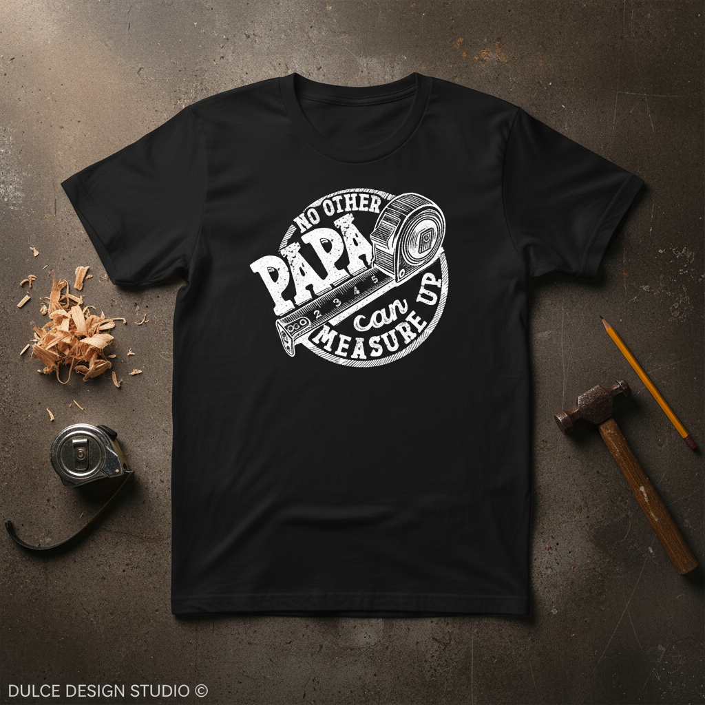 Black t-shirt with white graphic design on a textured surface with tools.