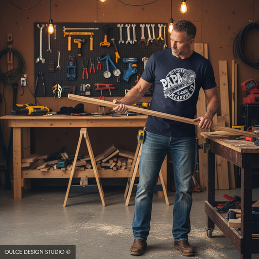 Man holding a wooden plank in a workshop with tools on the wall.
