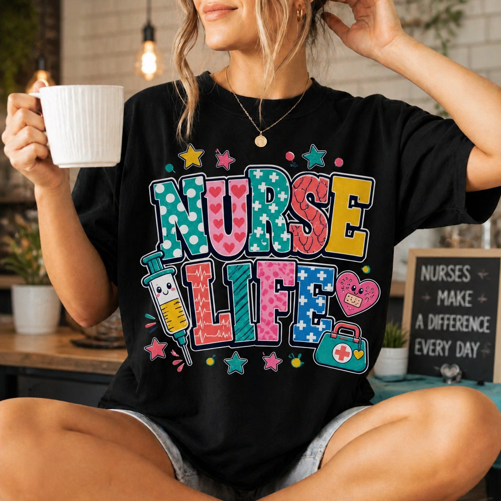 Woman wearing a black Nurse Life graphic tee with colorful nursing-themed design, holding a coffee mug