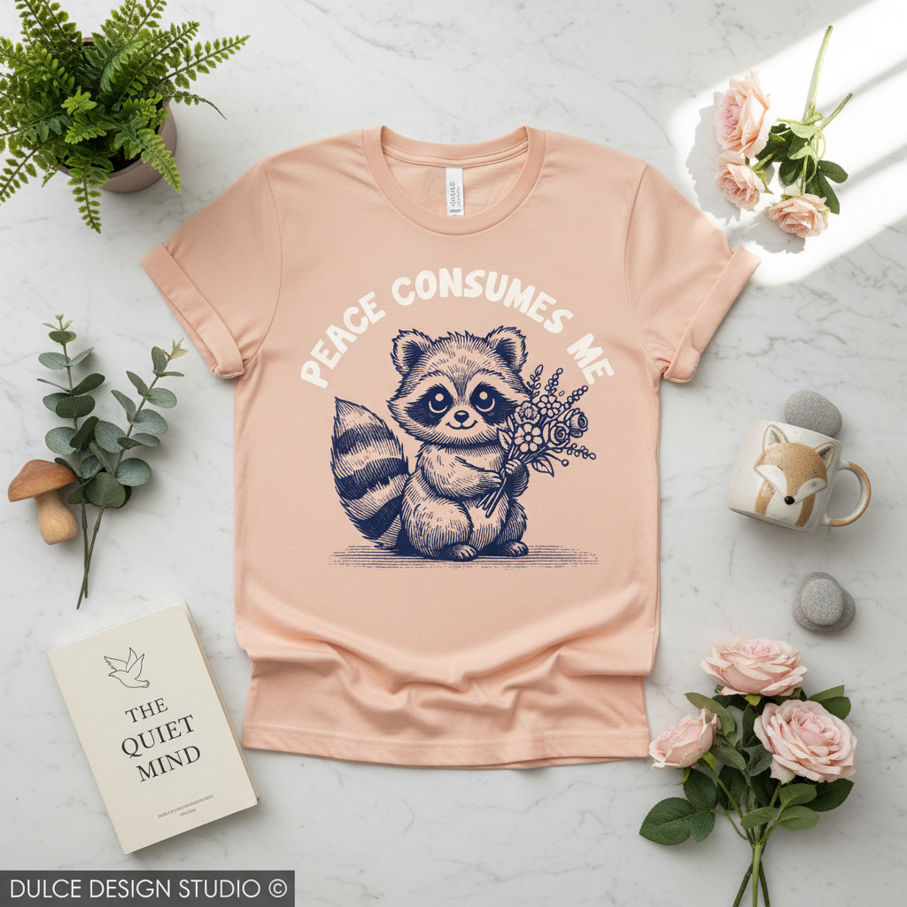 Pink t-shirt with raccoon graphic and 'Peace Consumes Me' text on a light gray surface with decorative items.