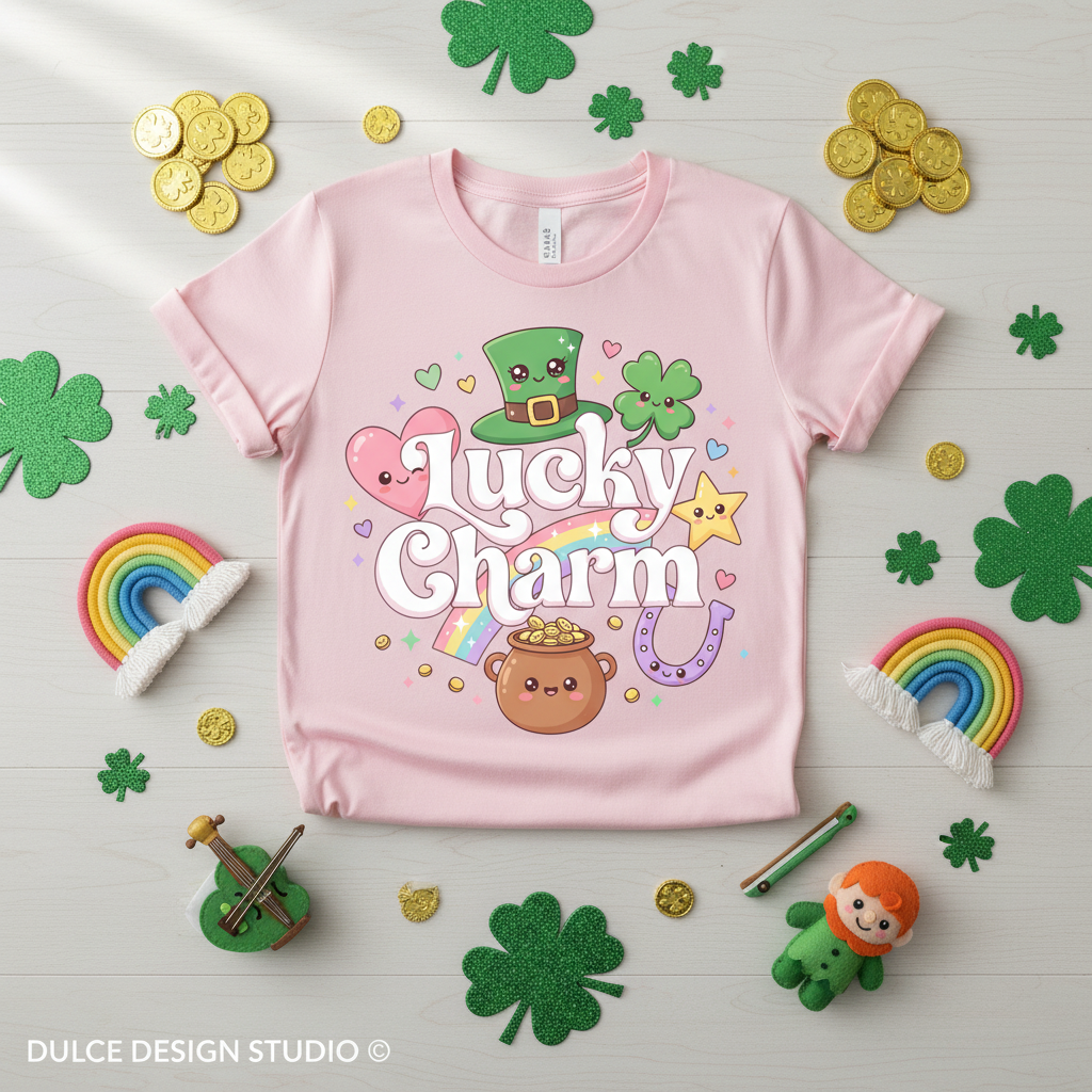 Pink t-shirt with 'Lucky Charm' design on a white background with St. Patrick's Day decorations.