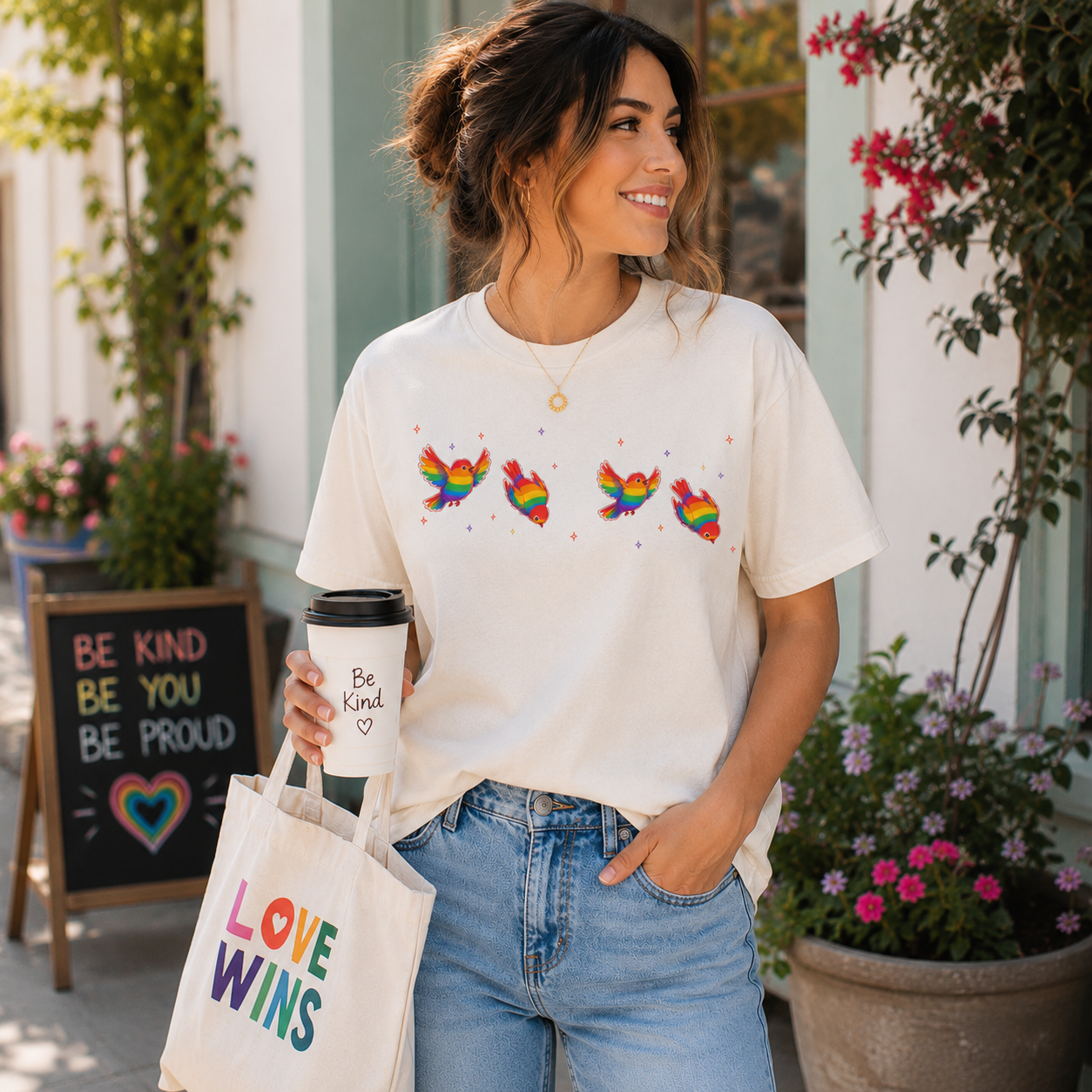 Woman wearing a white t-shirt with colorful designs, holding a coffee cup and a tote bag with motivational text.