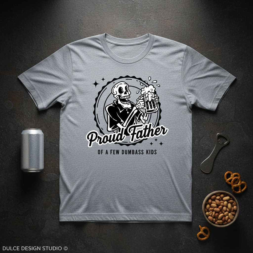 Gray t-shirt with a skull graphic and text on a dark surface with a can, bottle opener, and bowl of nuts.