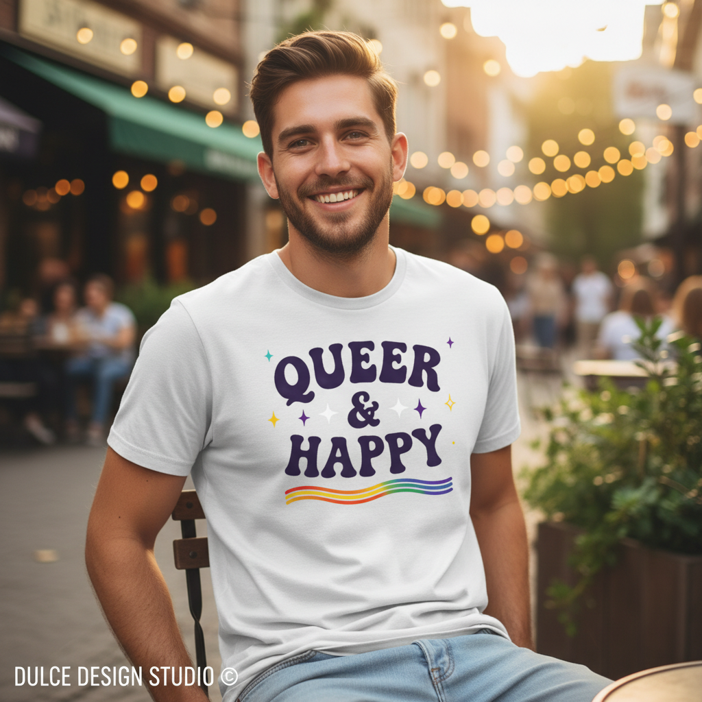 Queer & Happy - White Tee Men's Lifestyle Mockup