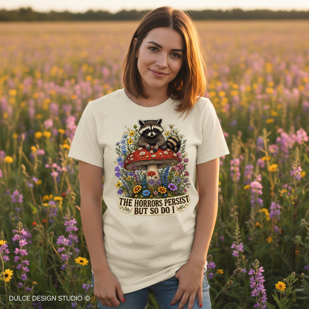 Raccoon Mushroom Tee – Wildflower Lifestyle Mockup with Watermark
