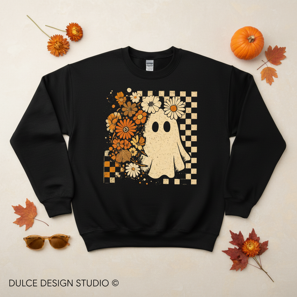 Retro floral ghost black crewneck flat lay