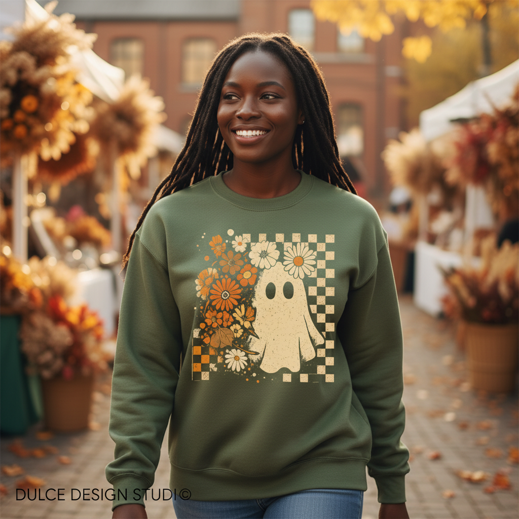 Retro floral ghost Military Green crewneck lifestyle mockup