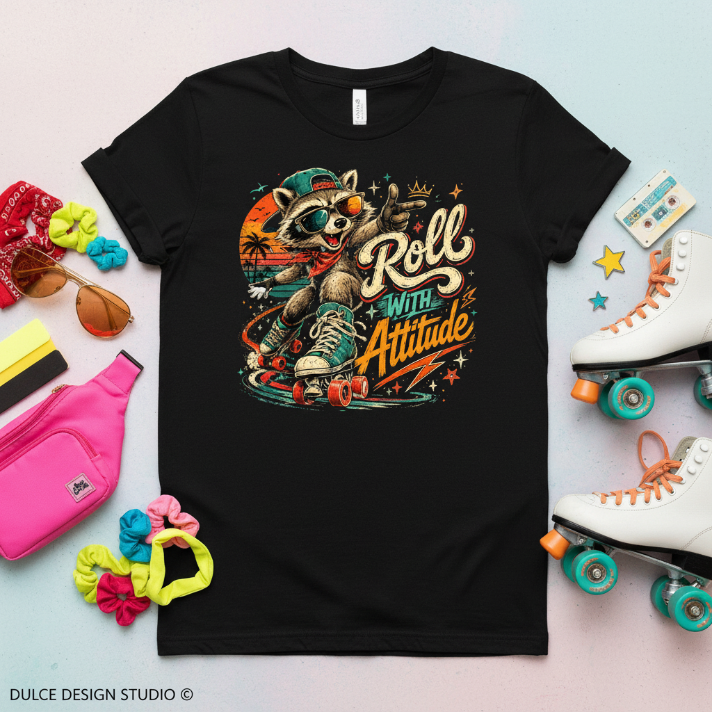 Roll With Attitude Retro Raccoon Skater Tee