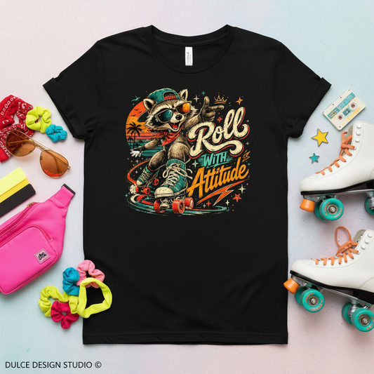 Roll With Attitude Retro Raccoon Skater Tee