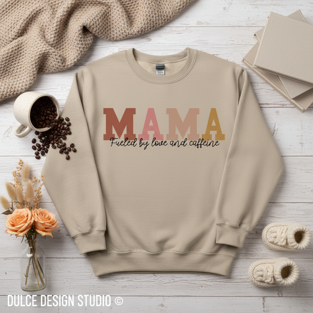Beige sweatshirt with 'MAMA fueled by love and caffeine' text on a wooden surface with coffee beans, flowers, and a mug.