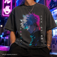 Person wearing a pepper t-shirt with colorful anime character design and text, standing in a neon-lit urban setting.
