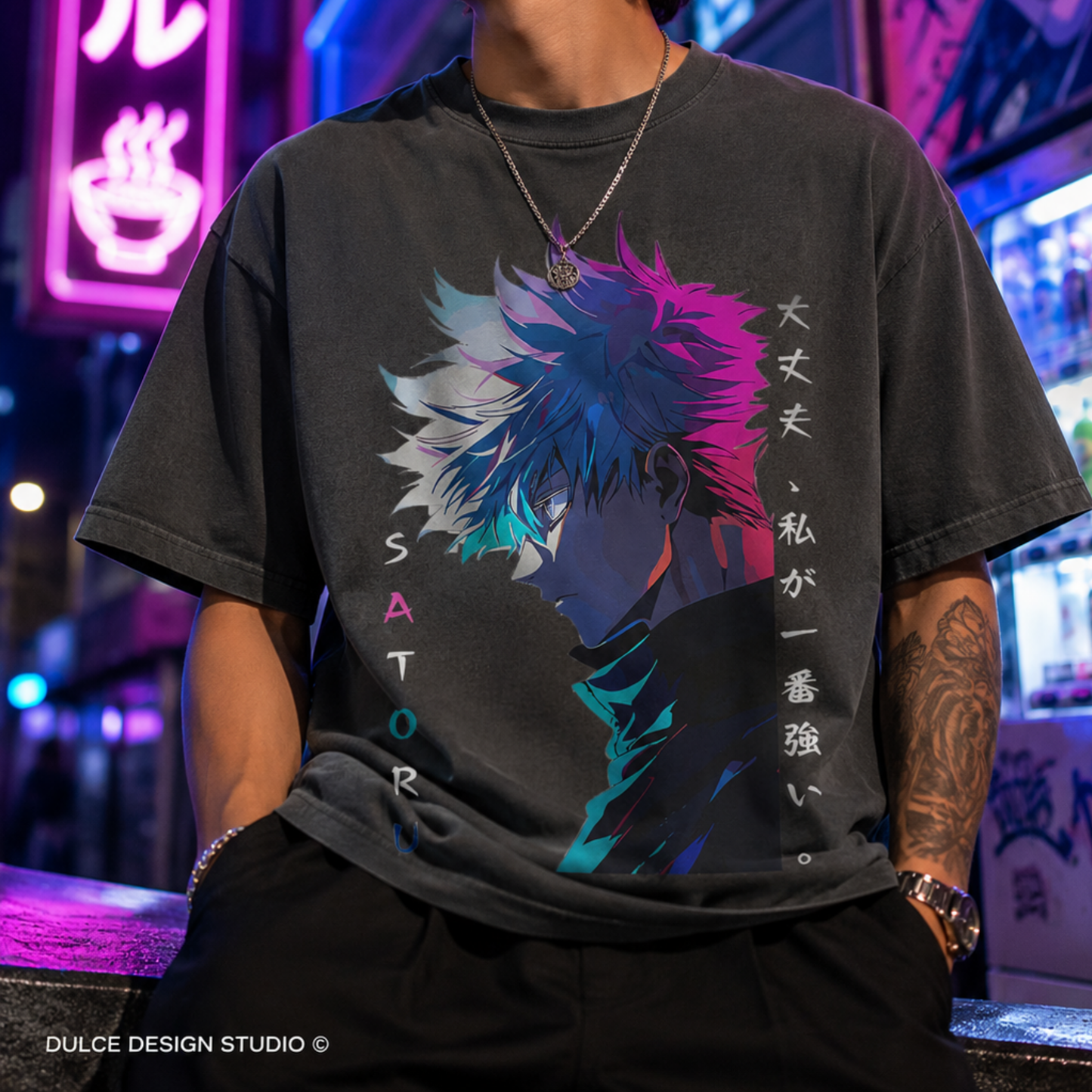 Person wearing a pepper t-shirt with colorful anime character design and text, standing in a neon-lit urban setting.