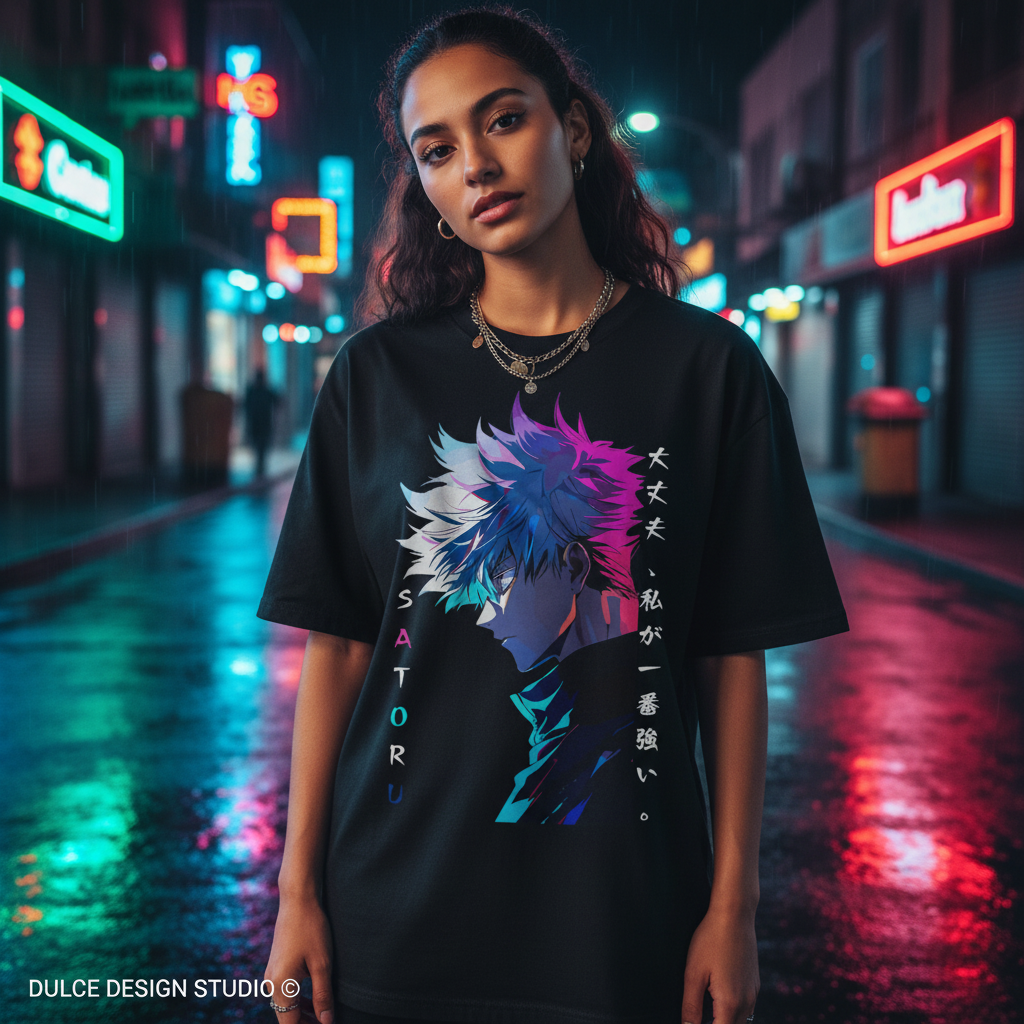 Woman wearing a black t-shirt with colorful graphic design in a neon-lit street.