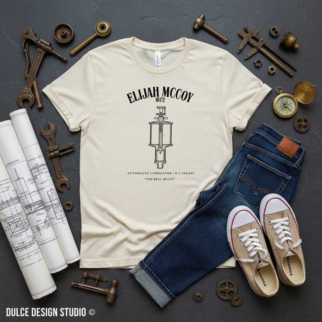 Soft Cream Elijah McCoy Automatic Lubricator Tee Flat Lay
