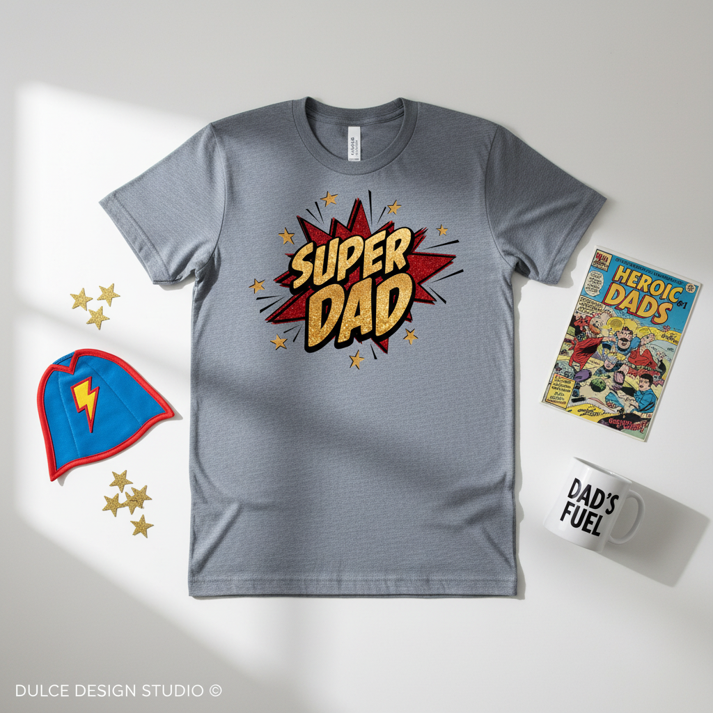 Gray t-shirt with 'Super Dad' print, superhero cape, mug, and comic book on a light gray background.