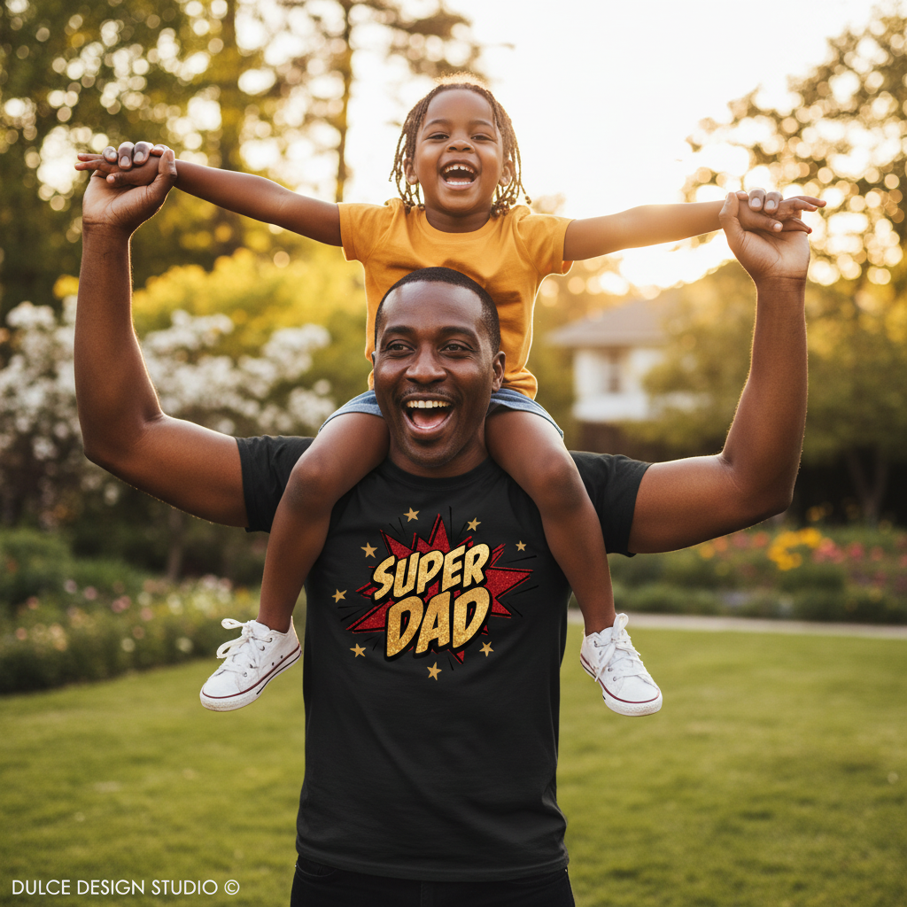 Man wearing a 'Super Dad' shirt holding a child on his shoulders in a park.
