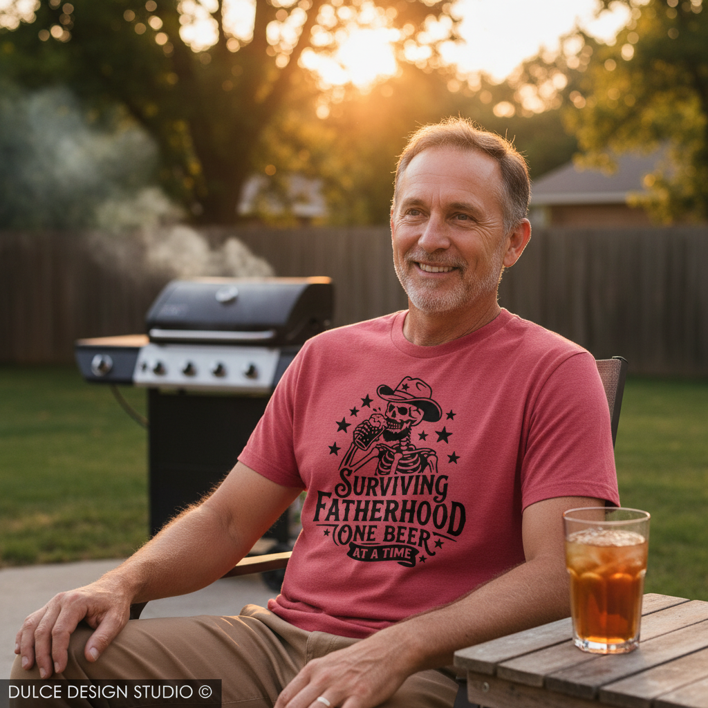 Man wearing a pink t-shirt with a graphic design, sitting outdoors with a glass of iced tea.