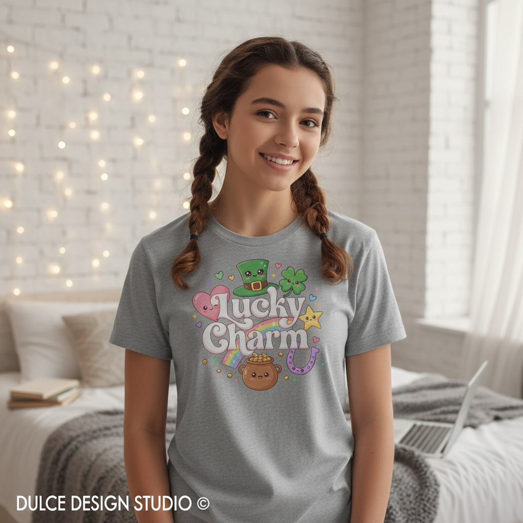 Girl wearing a gray t-shirt with 'Lucky Charm' design in a bedroom setting.