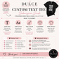 Dulce Design Studio custom text tee submission guide with a black t-shirt example.