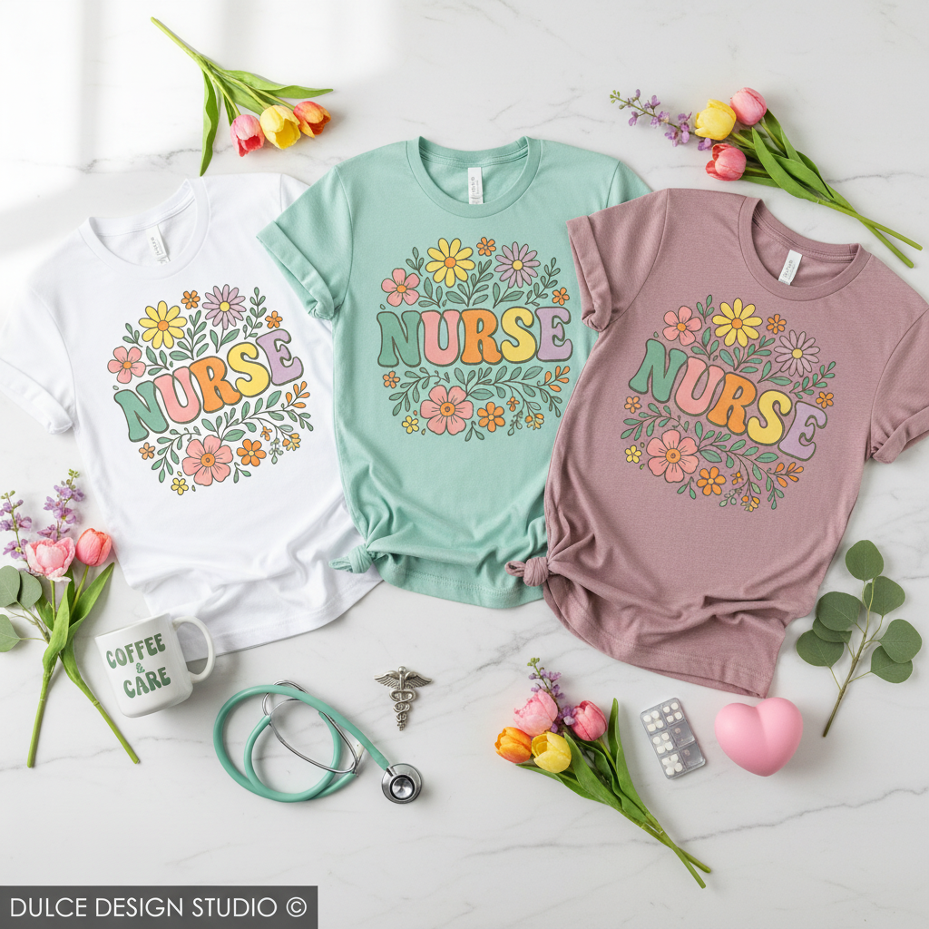 Three t-shirts with 'NURSE' text and floral designs on a marble surface with flowers and a stethoscope.