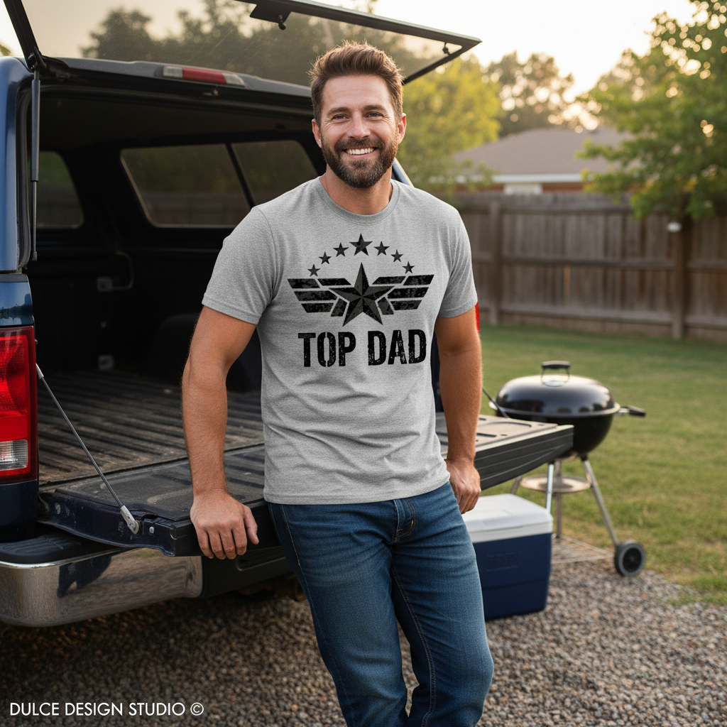 Man wearing a 'Top Dad' t-shirt standing next to an open car trunk in a backyard.